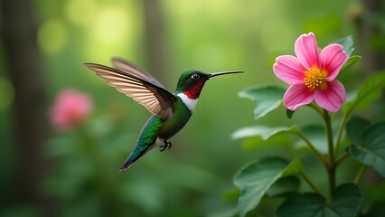 Naklejka premium vibrant hummingbird, emerald feathers, forest flower