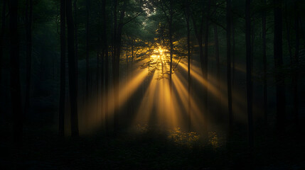 Fototapeta premium Sunbeams pierce misty forest