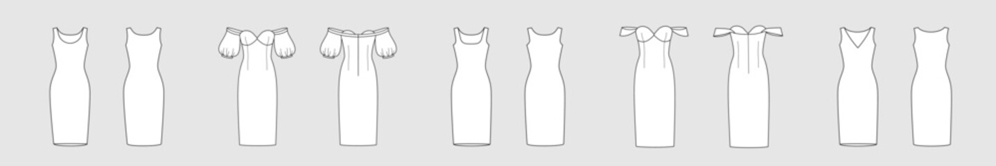 Female modern dress. Set of female vector template isolated on a grey background. Front and back view. Outline fashion technical sketch of clothes model.
