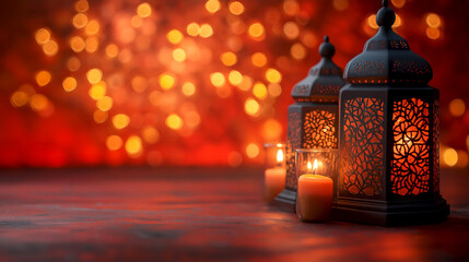 Festive lanterns illuminate the night during Ramadan gatherings with warm light and vibrant bokeh background. Reminiscent of Ramadan celebrations, ornate lanterns softly glow beside flickering candles