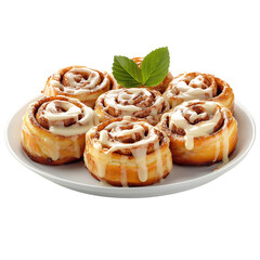 A Plate of Freshly Baked Cinnamon Rolls with Icing Isolated on Transparent Background