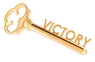 Key to Victory, concept with golden key. 3D rendering isolated on transparent background