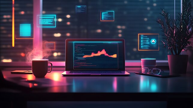 Modern illuminated workplace with laptop and steaming coffee cup - Powered by Adobe