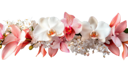 Blooming orchid and frangipani flowers creating a stunning border on transparent background