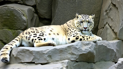  Medium shot of a snow leopard resting on rocks in a shaded enclosure