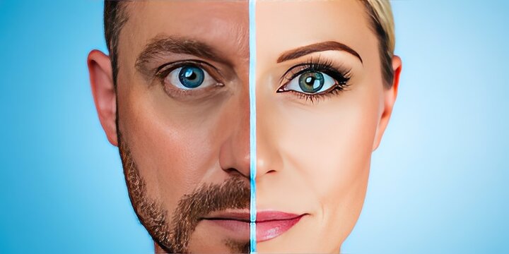 portrait of face divided in half. on the left is man on the right is woman - gender and sex concept