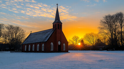 Sunrise over a snow-covered red church.