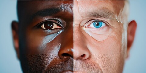 portrait of man's face divided in half. on the left is african american on the right is caucasian