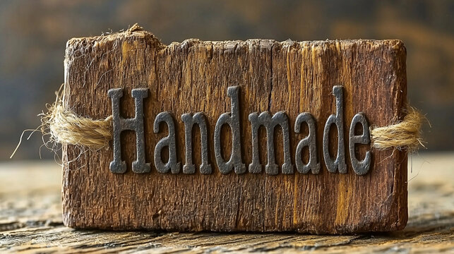 Handmade label resting on wooden table with twine