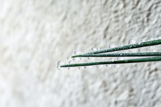 Close-up of three pine needles covered in glistening water droplets against a blurred background.