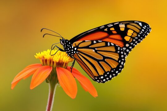 A Monarch butterfly with vibrant orange and black wings delicately feeds on a bright orange flower. - Powered by Adobe