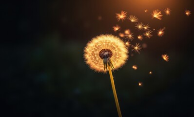 Dandelion seeds drifting in sunset light