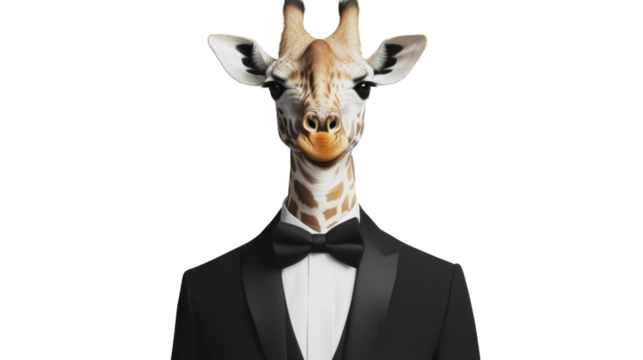 Giraffe wearing tuxedo and bow tie on transparent background