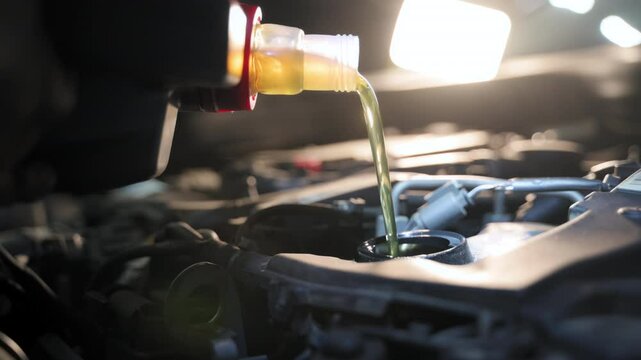 A close-up view of a mechanic changing the car motor oil in a repair shop. During the car inspection or maintenance work