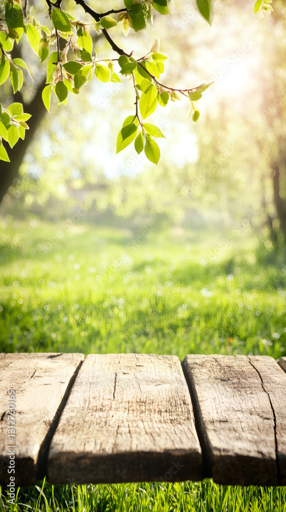 Poster empty wooden table with blurred spring background featuring fresh green leaves illuminated by warm s