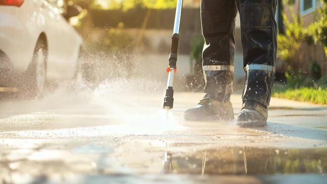 A man is washing a driveway with a pressure washer while sunlight streams through the trees in the background