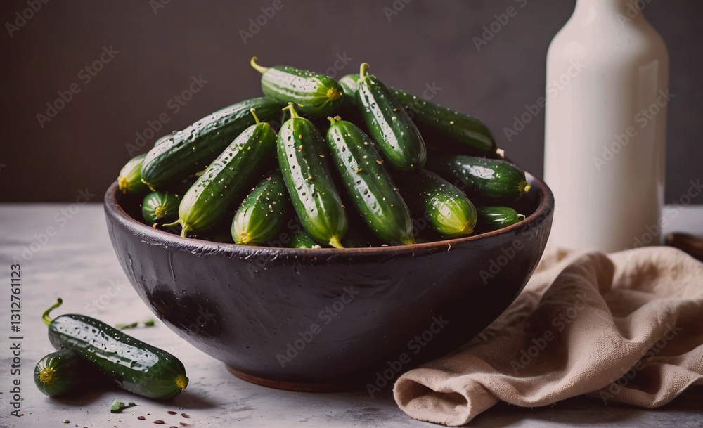 Aufkleber Bowl of pickled cucumbers sits on a table next to a bottle. The cucumbers are green and have been pickled, giving them a tangy flavor. The bowl is filled with many cucumbers