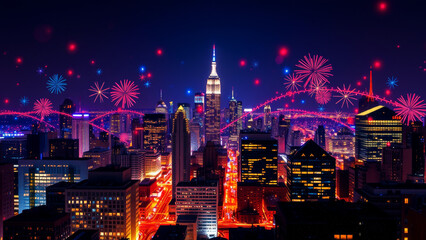 Obraz premium Night view of a city skyline with fireworks in the sky, featuring illuminated buildings in shades of red, yellow and blue.