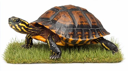 Fototapeta premium Yellow-spotted river turtle walking on grass, isolated