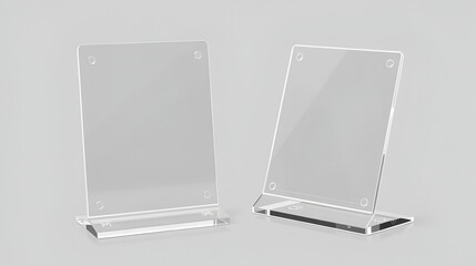 Acrylic nameplate, plastic table display or talker, menu holder front, half turn view 3d realistic vector illustration set isolated on transparent background. Ad materials, price tag holder mockups