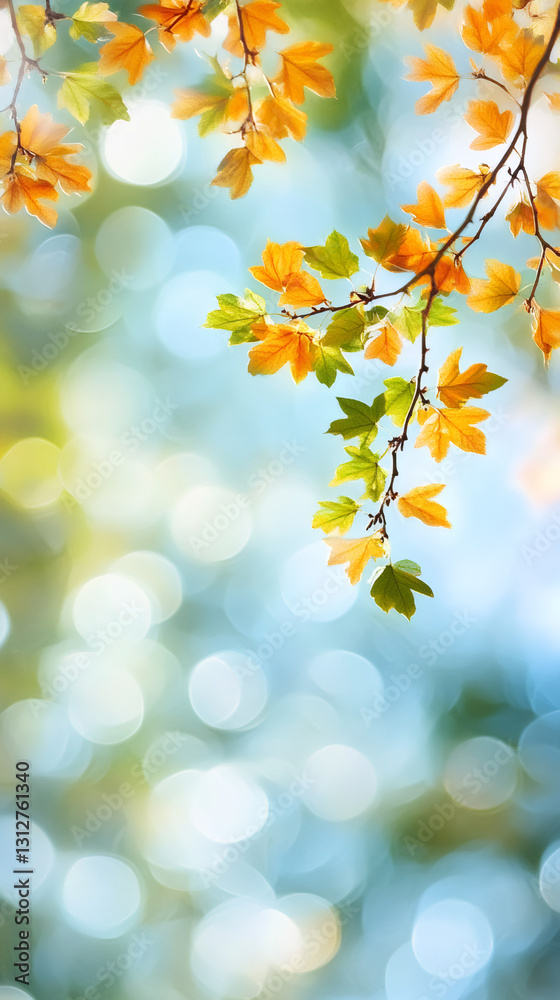 Poster vibrant autumn foliage dangling from tree branches, blurred background highlighting seasonal color t
