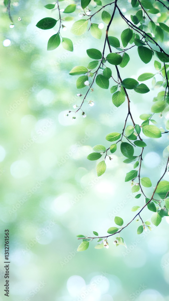 Poster fresh green leaves and delicate flowers blooming on a branch during spring, set against a softly blu