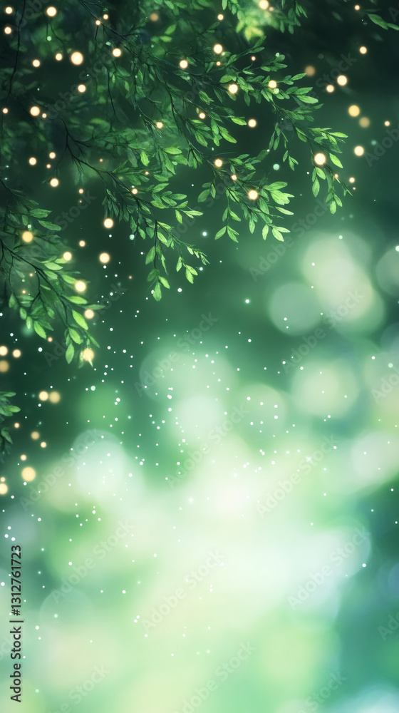 Poster Magical fireflies illuminating green leaves in an enchanted forest at night, creating a dreamy atmosphere with bokeh effect