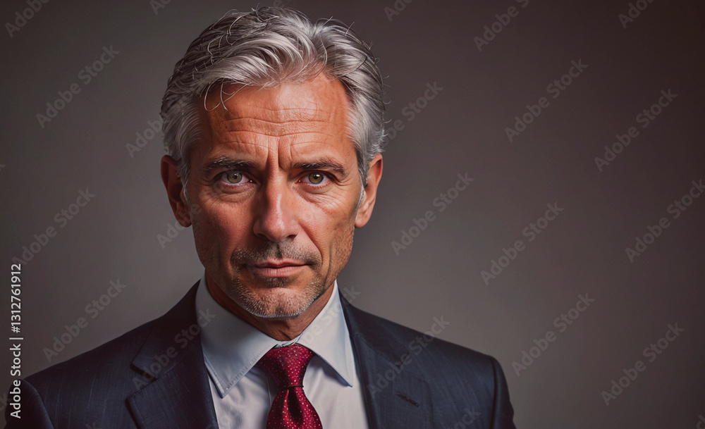 Poster man in a suit and tie with a red tie. he is looking at the camera. concept of professionalism and se