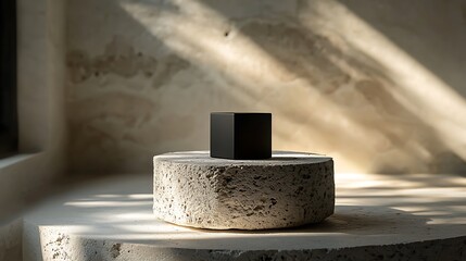 Black Cube Product Minimalist Photography Beige Stone Background