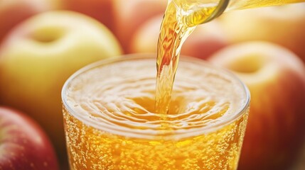 Brightly Colored Apple Juice Being Poured into a Clear Glass Surrounded by Fresh Apples on a Sunny Day
