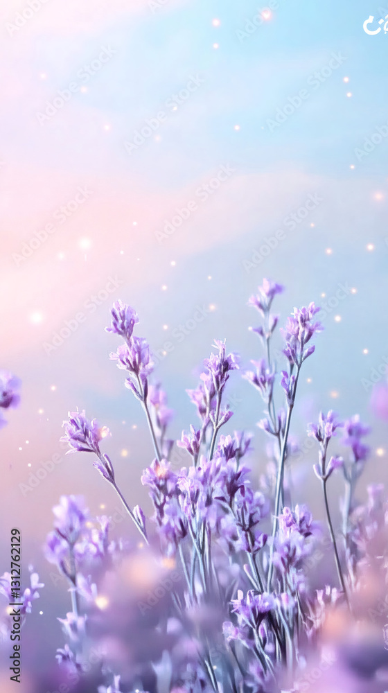 Poster Lavender flowers growing in a field under a pastel sky with bokeh effect, creating a dreamy and romantic atmosphere