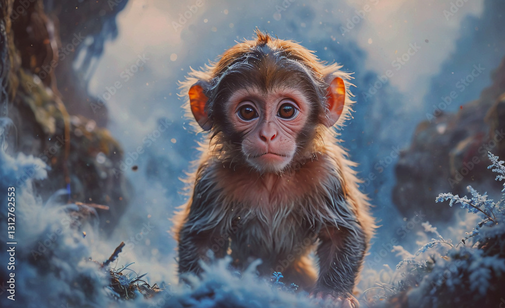 Poster baby monkey is standing in the snow. the image has a playful and lighthearted mood, as the baby monk
