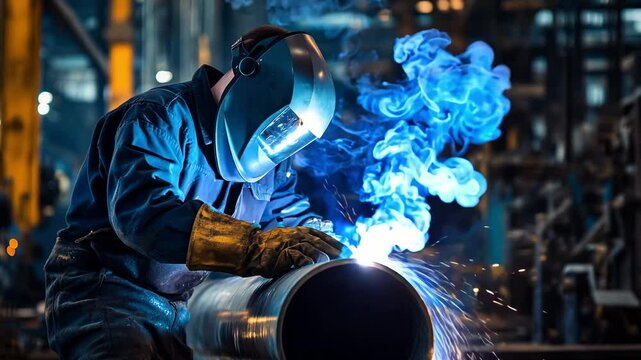 A welder works on a metal pipe in a factory, creating sparks and smoke as the welding machine operates in a dimly lit environment
