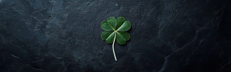 A four-leaf clover on a dark background, a St. Patrick's Day theme banner with copy space for text The shamrock is lying flat against the surface of a black table Generative AI