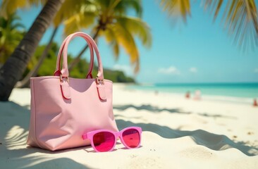 pink sunglasses and beach bag on the beach
