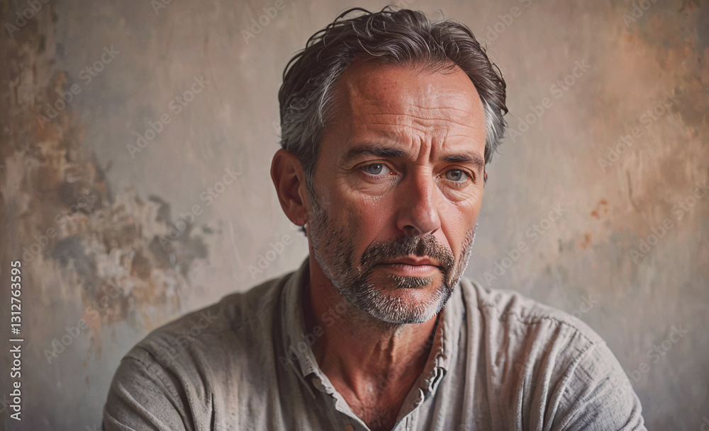 Poster man with a beard and gray hair is sitting in a room. he is looking at the camera with a serious expr