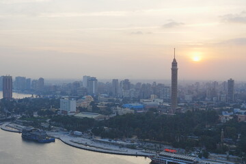 Sunset over Gezira, Cairo with view of Cairo Tower, Egypt