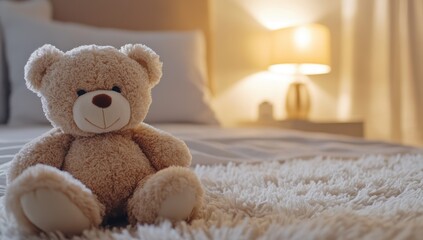 cute teddy bear sitting on a soft fluffy carpet in a cozy bedroom with warm ambient lighting creating a comforting and peaceful atmosphere for relaxation
