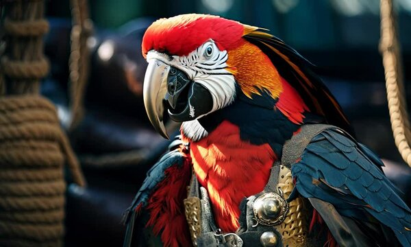 Colourful parrot in a pirate costume for a theme party or event.