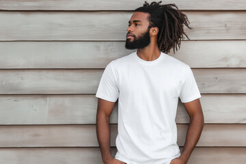 Young Man with Dreadlocks Posing in a White T-Shirt Against Wood