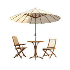 Stylish wooden table and two chairs with a large parasol umbrella isolated on a transparent background, Table with Chair and Parasol Umbrella Isolated on transparent background