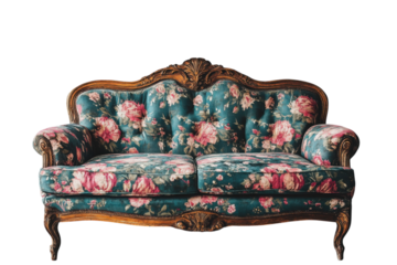 Vintage floral sofa in elegant style with ornate wooden details and rich colors set against a plain background