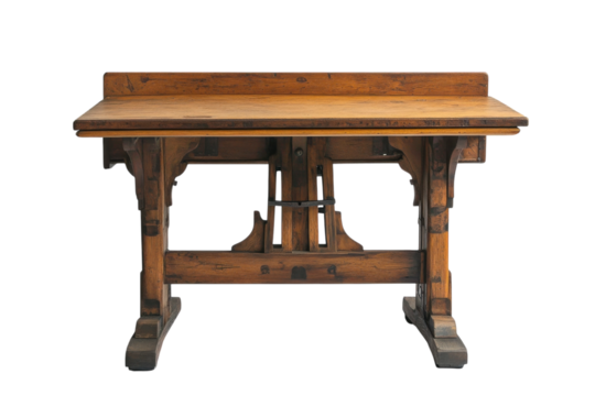 Wooden drafting table with unique design and craftsmanship in a well-lit workshop setting