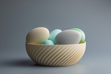 Easter decoration. Colorful eggs in bowl on grey background.