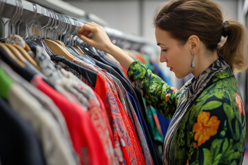 Woman Examining Colorful Dresses on Hangers in a Clothing Store