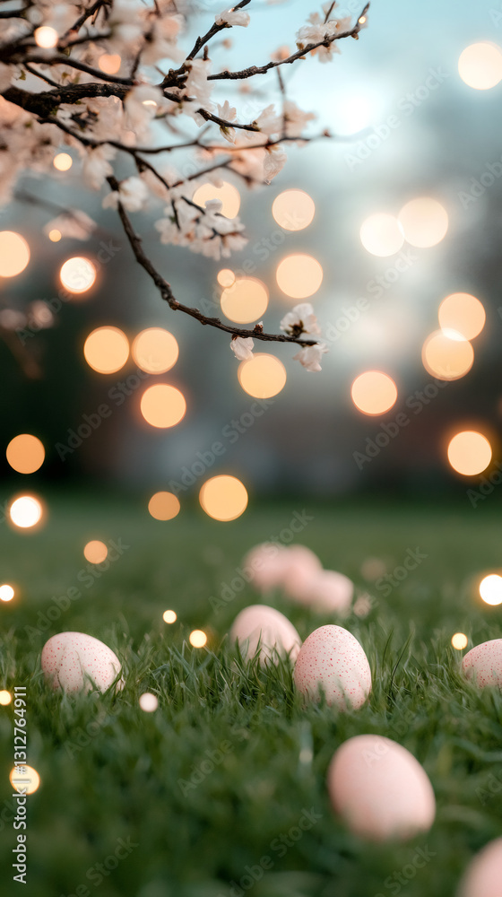 Poster easter eggs lying on grass under a blooming tree with bokeh lights in background, celebrating spring