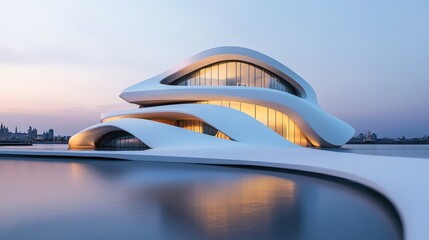 Obraz premium Futuristic modern architecture by water at sunset