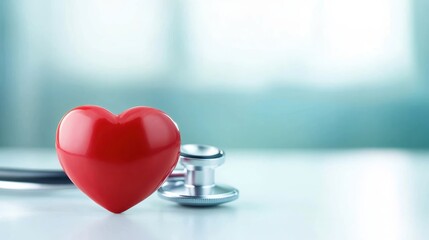 Medical professional workspace featuring red heart icon alongside stethoscope, representing cardiac health awareness and compassionate patient centered medical practice