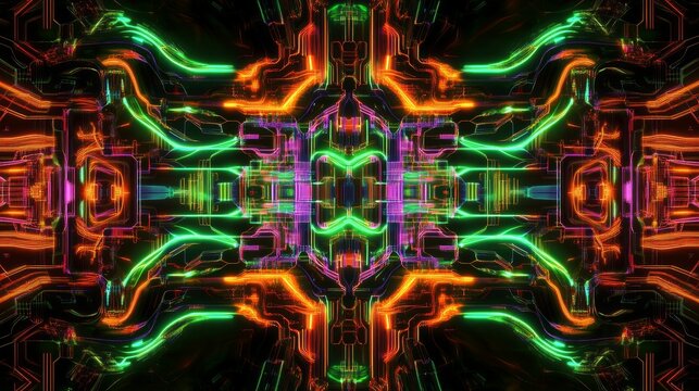 Futuristic neon circuit pattern with vibrant symmetry and intricate details