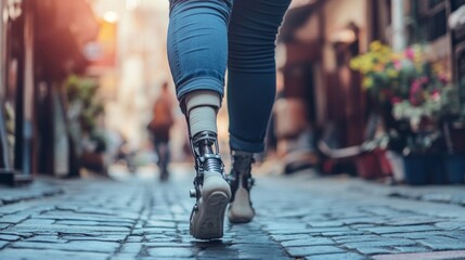 Fototapeta premium Young adult with prosthetic leg walking in urban street setting